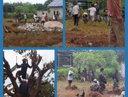 Personil Kodim 1629/SBD Dan Personil Polres SBD Bersama Warga Giat Gotong Royong Bersihkan Tempat Pembangunan Mushalla