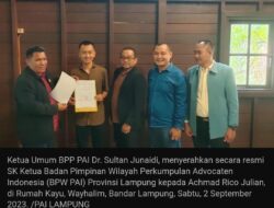 Achmad Rico Julian, SH., MH Resmi Nakhodai Badan Pimpinan Wilayah Perkumpulan Advocate Indonesia (BPW-PAI) Provinsi Lampung