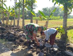 Babinsa Gabus Kerja Bakti, Bantu Warga Bangun Talud Jalan Tani