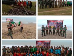 Bhakti Sosial Sambut HUT TNI Ke-79, Tiga  Koramil Pantai Barat Lakukan Giat Bersama Bersih Pantai.