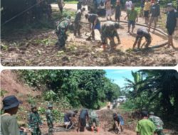Kebersamaan Warga bersama Anggota Koramil 1314-02/Atinggola Gotong Royong Bersihkan Material Longsor
