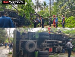 Sat Lantas Polres Lombok Tengah Olah TKP Truk Terbalik di Jontlak.