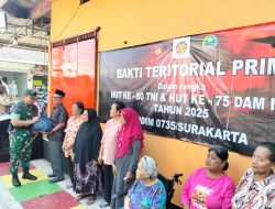 Sambut HUT Ke-80 TNI Dan HUT Ke-75 Kodam IV/Diponegoro, Kodim 0735/Surakarta Gelar Baksos Bagi Sembako