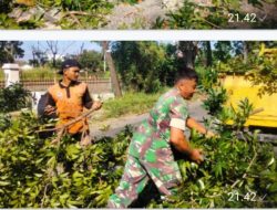 Babinsa Banjarsari Bersama DLH Dan Warga Masyarakat Kerja Bakti Perempelan Pohon Untuk Mitigasi Bencana